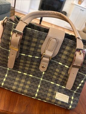 Plaid Brown & tan Satchel Handbag with Gold Accents